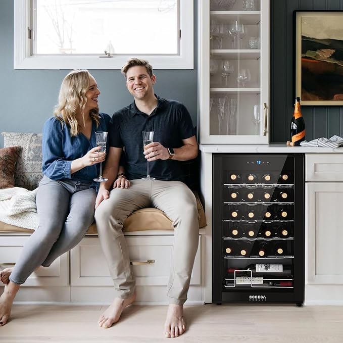 BODEGACOOLER 24 Bottle Mini Fridge for Bedroom, Compressor Wine Cooler Refrigerator for Home and Kitchen, Wine Cooler with Digital Temperature Control & Double-layer Glass Door for Wine, Champagne.
