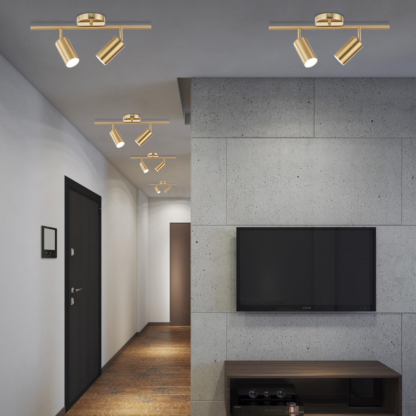 Bokt Mid Century Modern 2-Lights Led Track Lighting Kit, Gold Flush Mount, Adjustable Angle, Brushed Brass, Model Df-B6Yv-C8Ci-2