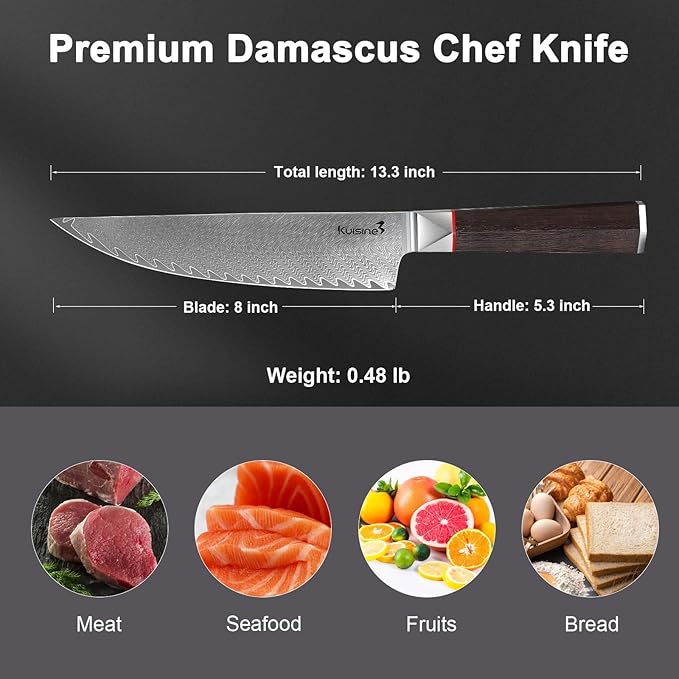 KUISINE Premium Damascus Chef Knife Non-slip Wooden Handle Razor sharp Blade Luxuy Gift for Holidays(Silver Pro, 8inch)