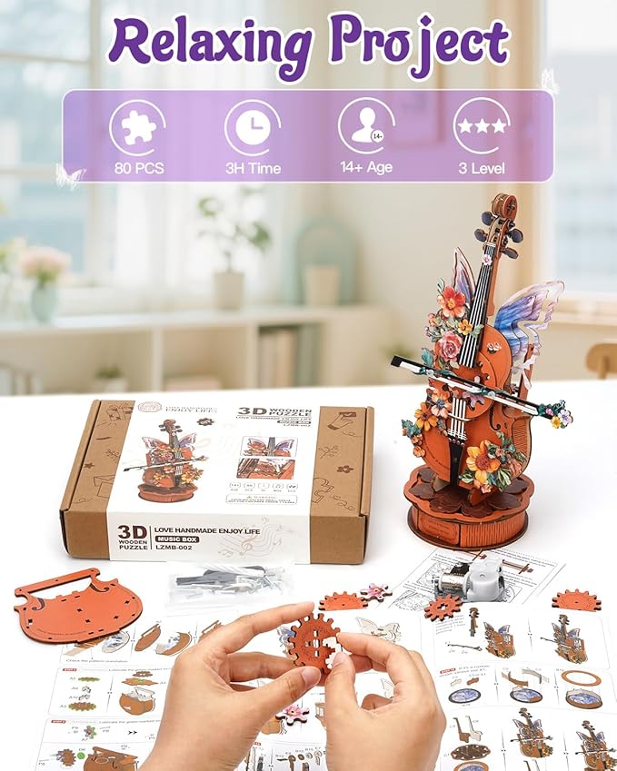 3D Wooden Puzzles for Adults, DIY Cello Model Kit with Base, 80pcs Wooden Music Box Desk Birthday Hobbies Craft for Women Men Home Decor