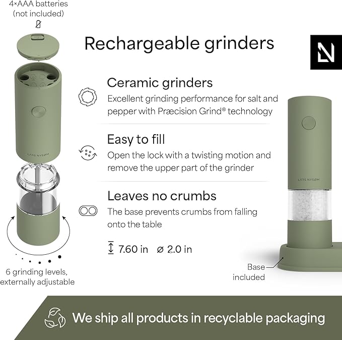 LARS NYSØM Electric Salt and Pepper Grinder Set I Automatic Salt and Pepper Mills with Adjustable Ceramic Grinder I AAA-Battery Operated Electric Spice Mill Set (Sage Green)