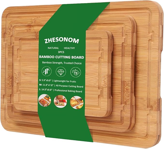 Bamboo Cutting Boards for Kitchen Meal Prep & Serving Set of 3, Wooden Chopping Boards with Juice Grooves & Handles for Meat, Vegetables Easy Clean Ideal Kitchen Gift for Home Cooks & Wedding