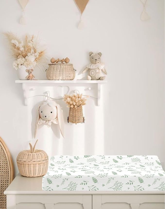Changing Pad Cover for Baby Boy Girl 2 Pack, Muslin Changing Table Pad Covers with Boho Style, Neutral Nursery Bedding Essentials Soft and Breathable (Fern Leaf & Sage)