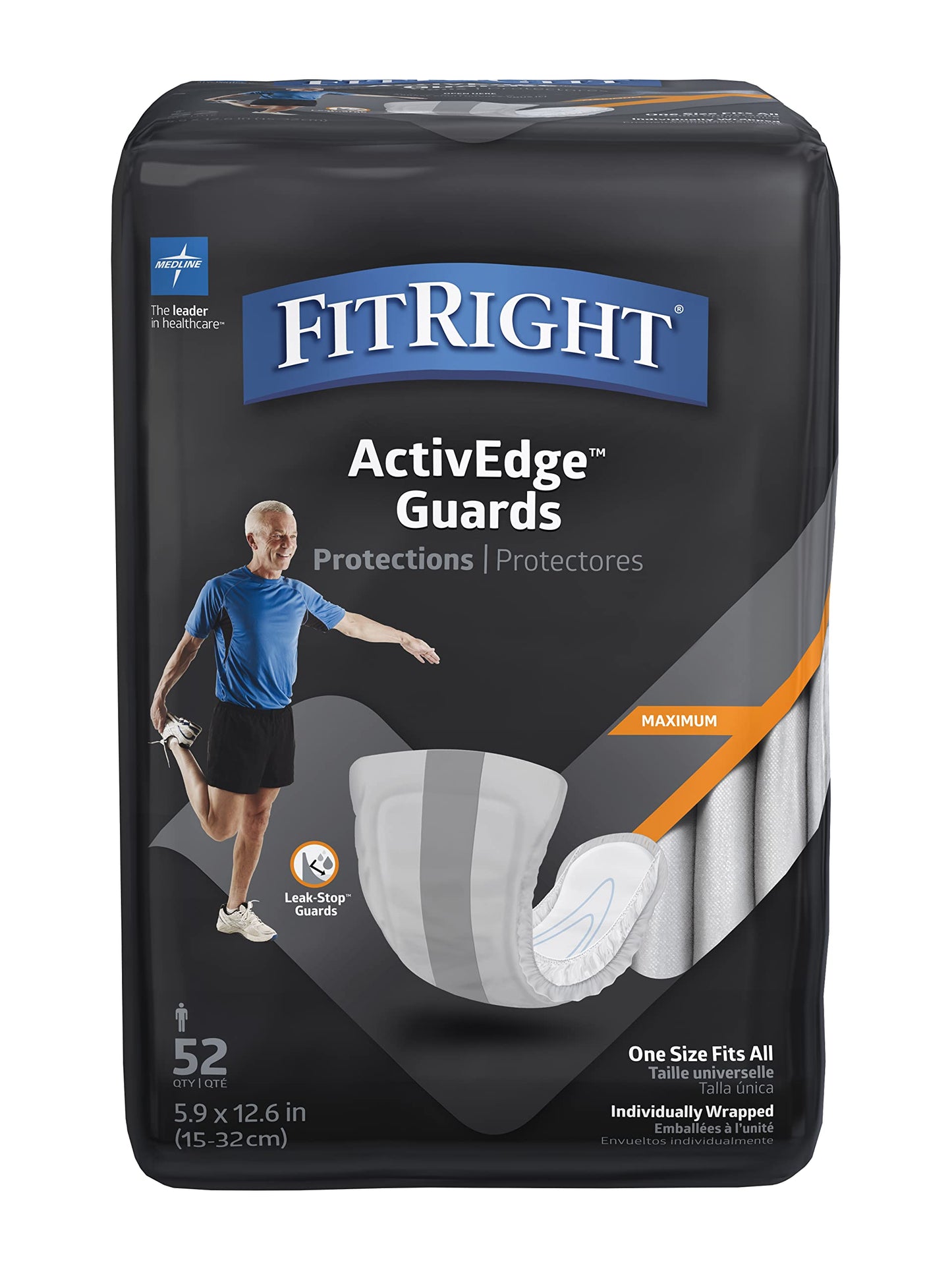 Medline Fitright Active Guards for Men, Incontinence Pads for Men, Mens Pads Incontinence, Leakage, Mens Guards for Incontinence, White, 6" x 11", 208 Count