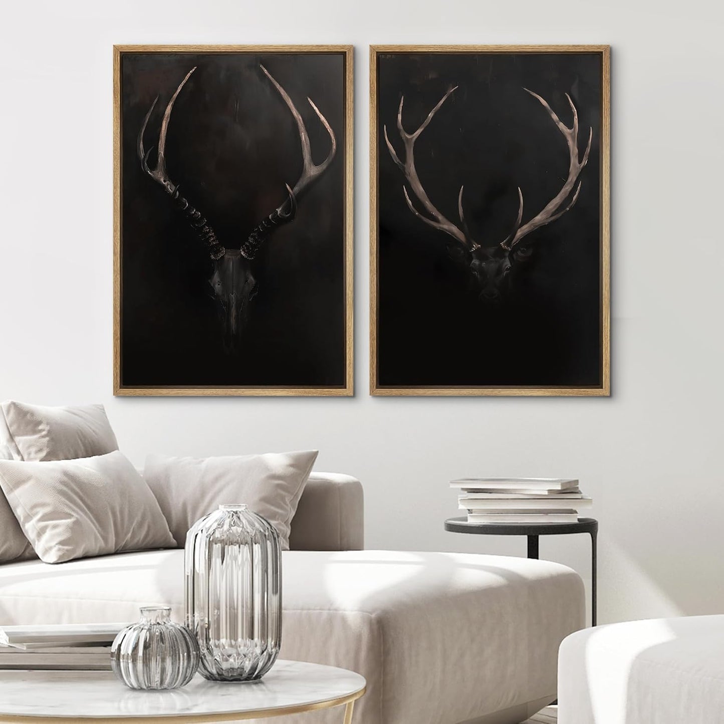 SIGNWIN Framed Canvas Print Wall Art Rustic Antler Skull Dark Dramatic Black Vintage-Inspired Deer and Elk Antlers Illustrations Decorative for Living Room, Bedroom, Office - 16"x24"x2 Natural