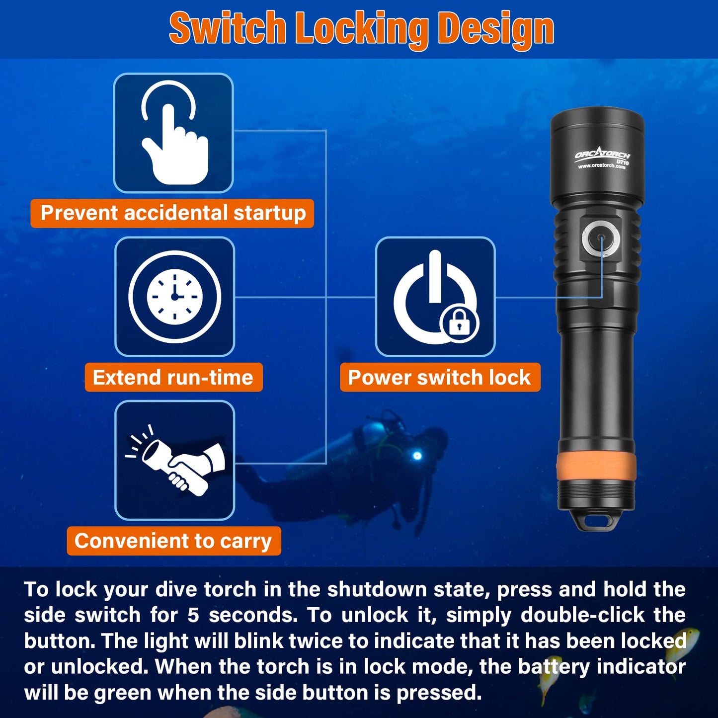 ORCATORCH D710 Scuba Diving Light, 3000 Lumens, IP68 Waterproof, 150m Submersible, Aluminum, Black