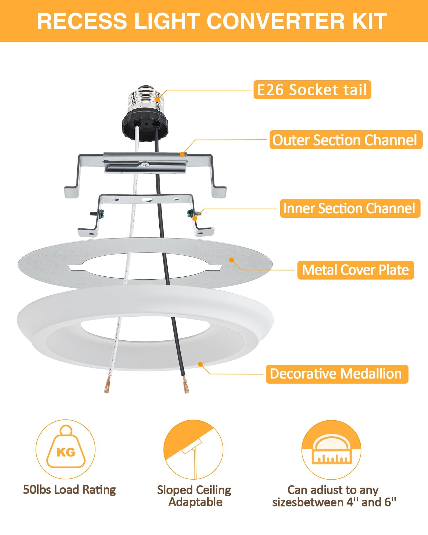 Luvkczc 2-Pack Recessed Can Light Conversion Kit for 5" and 6" Ceiling Fixtures - Pendant/Hanging Light Upgrade, Includes E26 Socket, Mounting Bracket, Round Ceiling Plate（White）