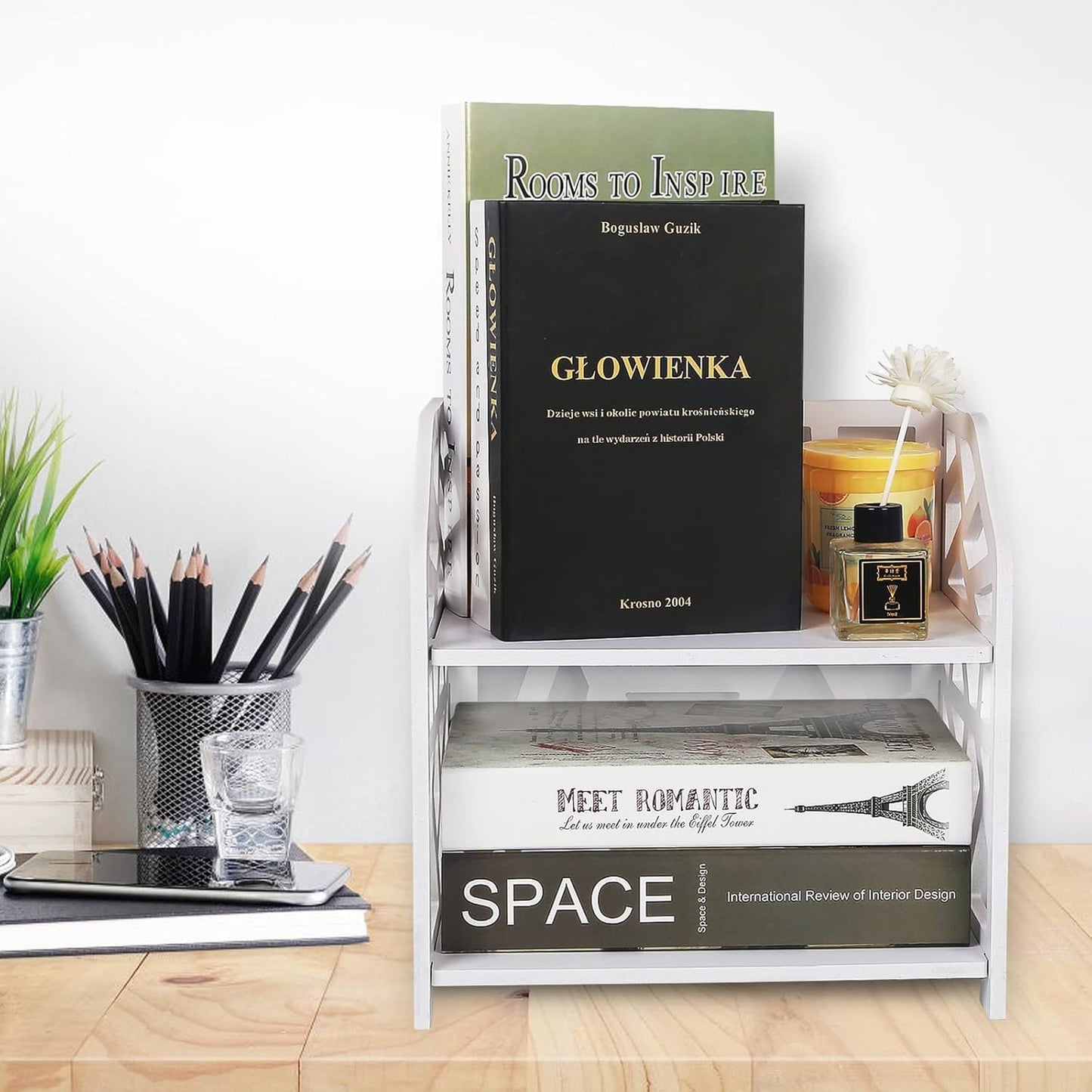 YGYQZ Small Bookshelf for Desktop Storage, Mini Cute Office Desk Shelves White Versatility Organizers for Women, Kids
