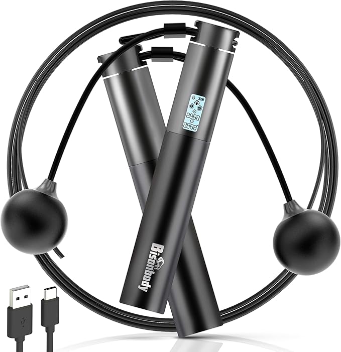 Bisonbody Smart Jump Rope Fitness Skipping Rope with App – 2 Function Modes – Classic 3m Rope & Ropeless Shortballs – Blue...