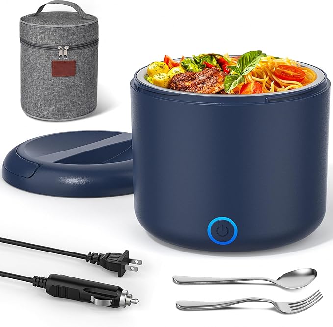41-Ounce Electric Lunch Box 80W Heated Lunch Box, Portable Food Warmer for Work with 1.2L 304 Stainless Steel Container and 12V/24V/110V/220V Compatibility in Car Truck