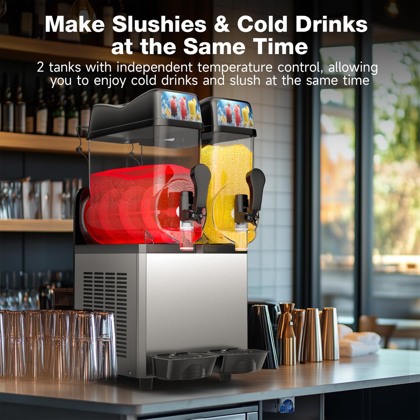 8Gal/30L Commercial Slushy Machine,Independently Control 2 Tank's Temp,5-45 Minutes to Make Margarita & Slushie & Cold Drink,Built-in LED Light,110V Professional Frozen Drink Maker with Self-cleaning