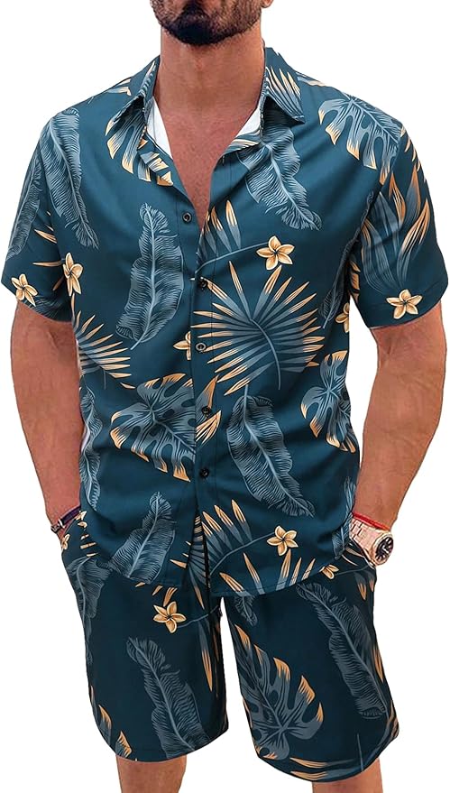WDIRARA Men's 2 Piece Beach Outfits Tropical Floral Print Short Sleeve Button Shirt and Shorts Set