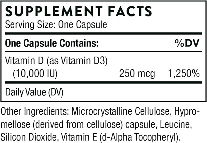 THORNE Vitamin D3 Supplement - Supports Healthy Bones, Teeth, Muscles, Cardiovascular & Immune Function* - Gluten, Dairy & Soy-Free - 10,000 IU - 60 Capsules
