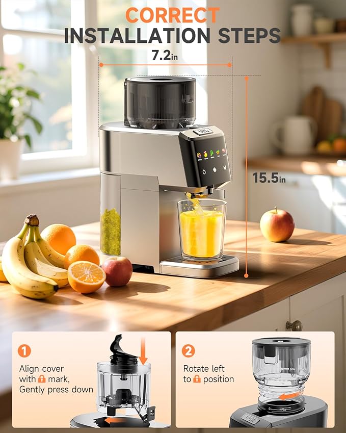 VCK Cold Press Juicer - Large 5.12" Feed Chute, Easy to Clean Slow Masticating for Nutrient Retention Quiet 250W Motor -Silver