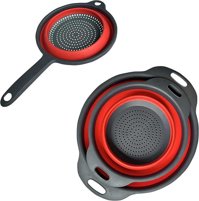 Collapsible Colander Set,Space Saving Collapsible Kitchen Colander Strainer with Handle,Perfect for Draining Pasta Vegetable fruit (Red)