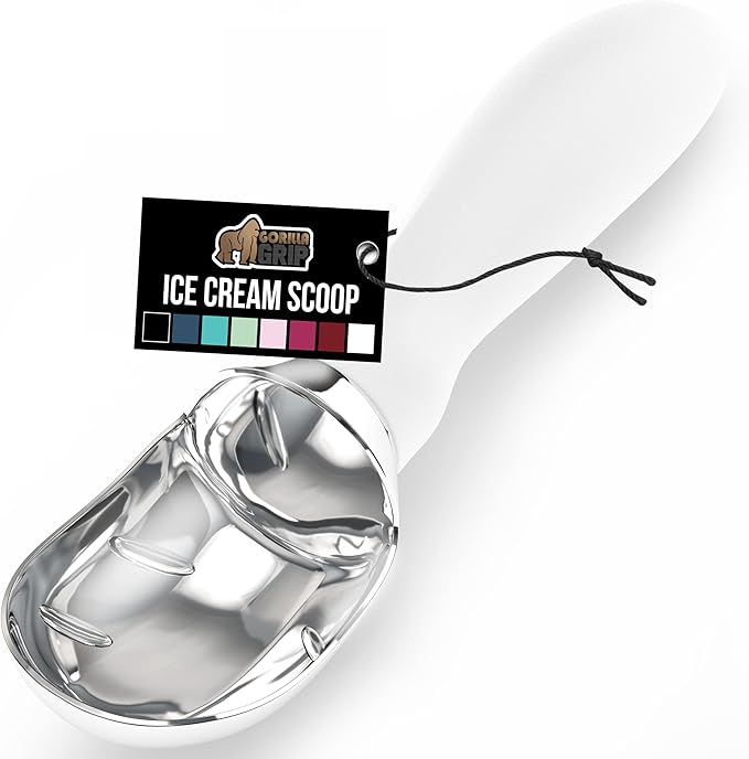 GORILLA GRIP BPA-Free Heavy Duty Ice Cream Scoop, Comfortable Ergonomic Handle, Professional Grade Scooper for Perfect Round Scoops, Spoon Frozen Hard Gelato, Sorbet, Cookie Dough, Kitchen Tool, White