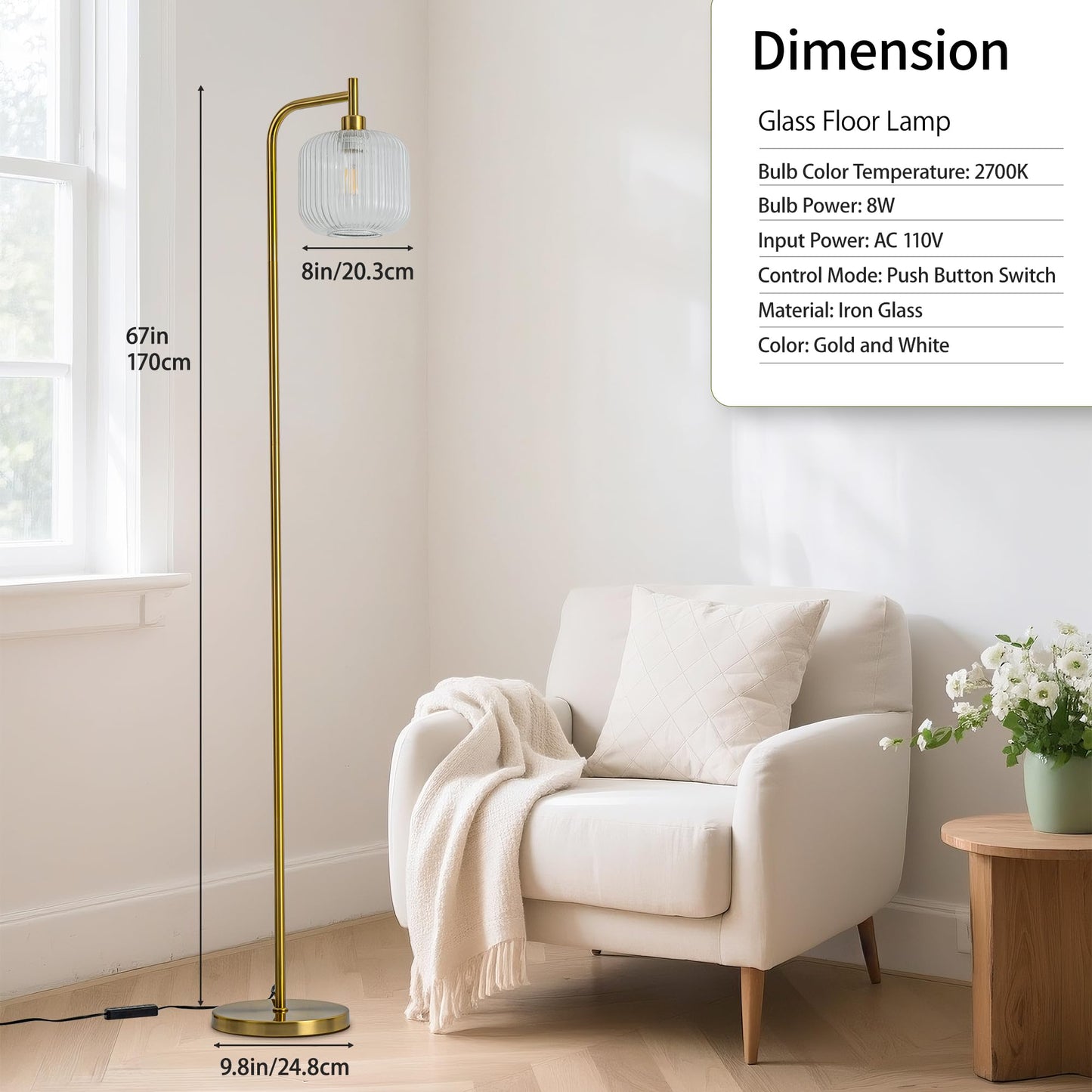 MAYNA Glass Floor Lamp, Modern 67-Inch Tall with Remote Control, Transparent Glass Shade, Suitable for Living Room and Bedroom