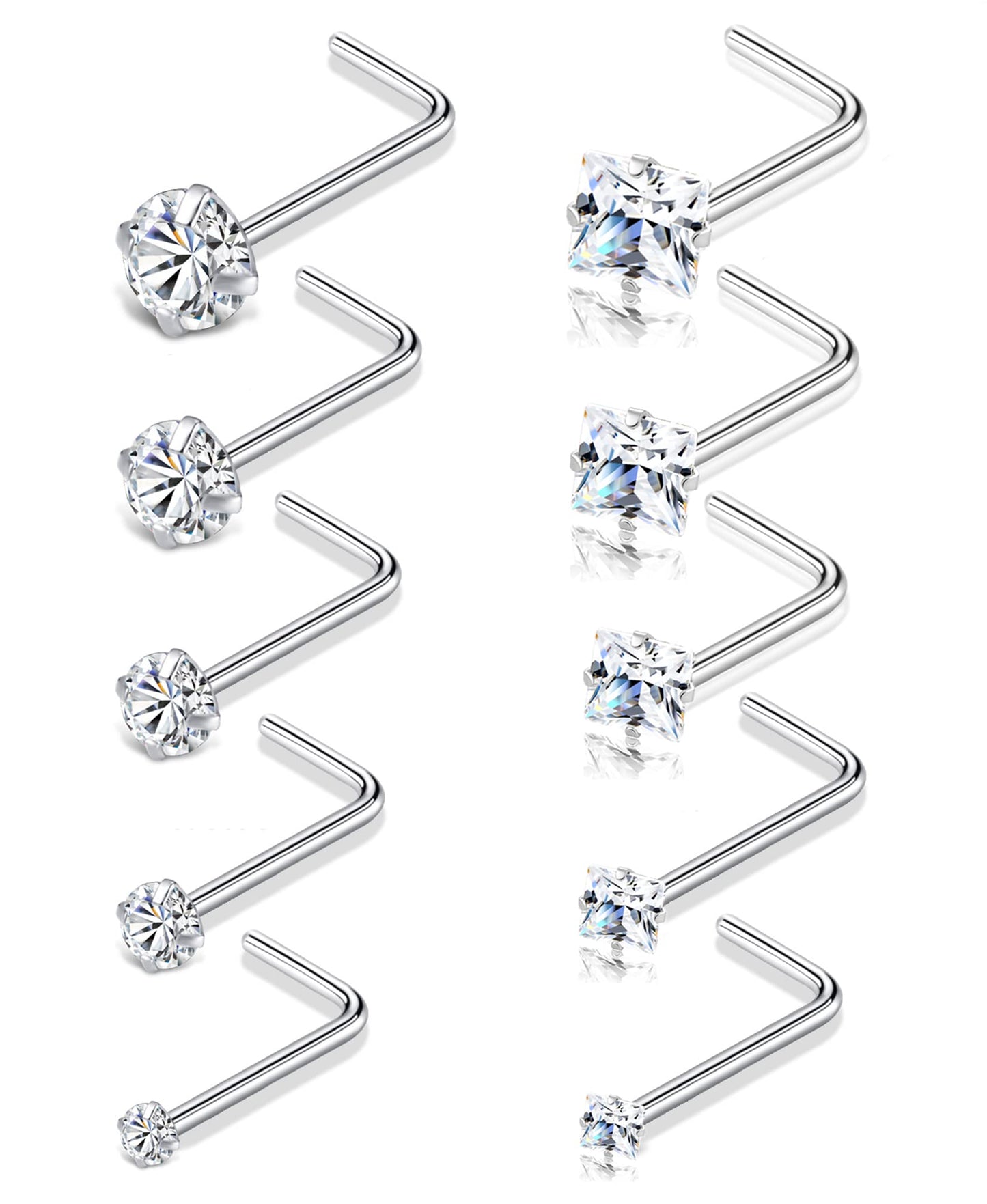 Tornito Stainless Steel L Shaped Nose Studs - 10pcs, Clear CZ, Silver Tone, Sizes 1.5mm to 3.5mm, for Men and Women