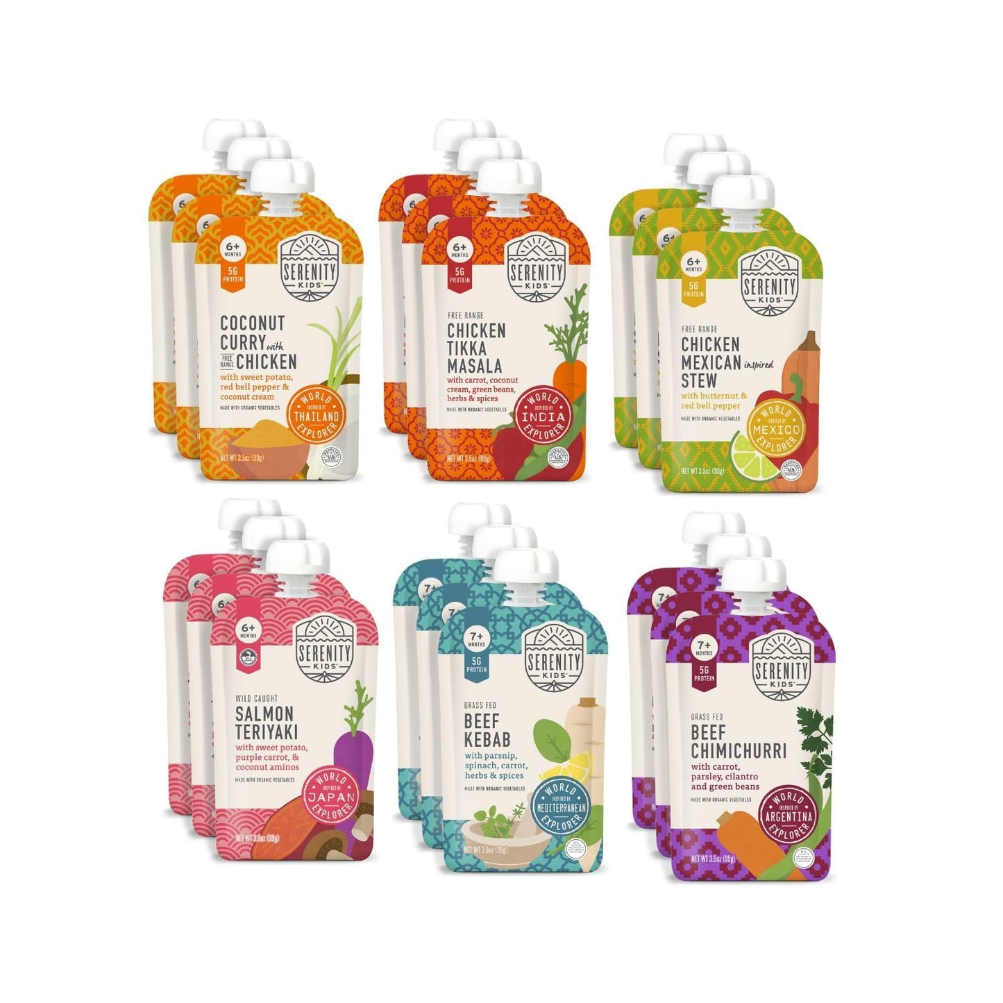 Serenity Kids 7+ Months World Explorers Baby Food Pouches - Puree w/Ethically Sourced Meats & Organic Veggies - 3.5 Oz BPA-Free