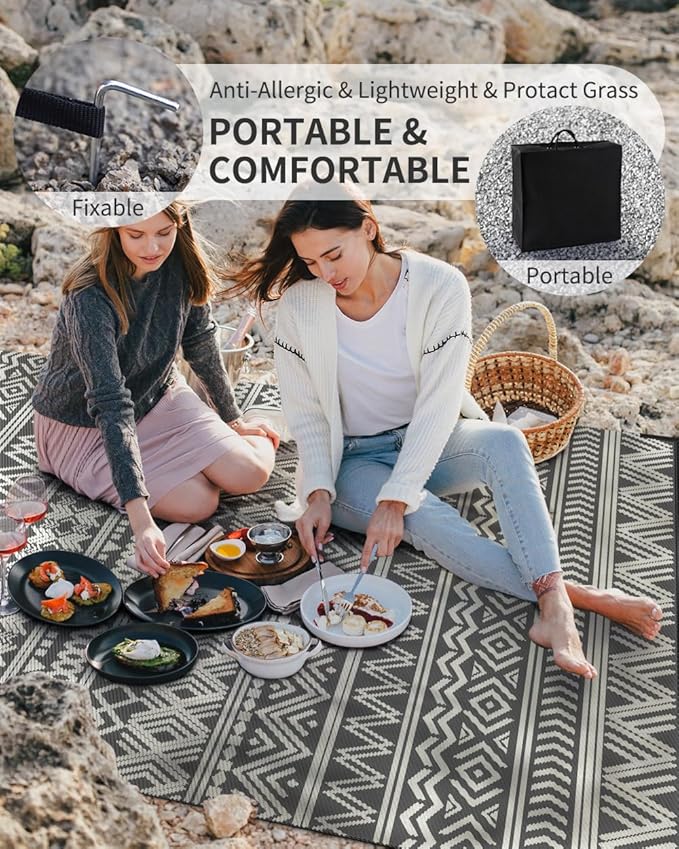 MontVoo Outdoor Rug 8x10 Waterproof Outdoor Patio Rug Mat Reverisble Plastic Straw Outdoor Rug for RV Camping Picnic Beach Balcony Boho Grey