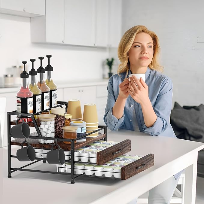 Coffee Syrup Rack Organizer - 4-Tier 8 Syrup Wine Bottles Stand with 82 Storage Drawer for K Cups, Coffee Pod Holder for Countertop, Bar Station, Kitchen, Rustic Brown