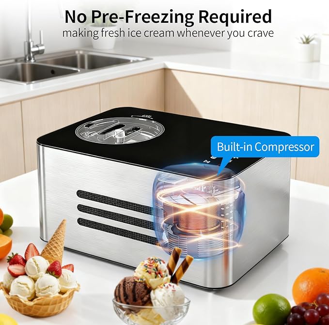 Ice Cream Maker Machine with Compressor: 2.1 Quart Stainless Steel Yogurt Maker - No Pre-Freeze Ice Cream Machine with LCD Display & Timer