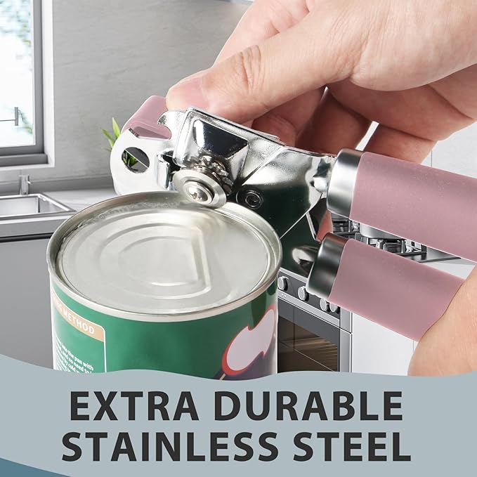 Can Opener Manual, Heavy Duty Handheld Strong Can Opener with Soft Touch Handle, Sharp Blade Smooth Edge, Can Openers with Multifunctional Bottle Opener, Pink