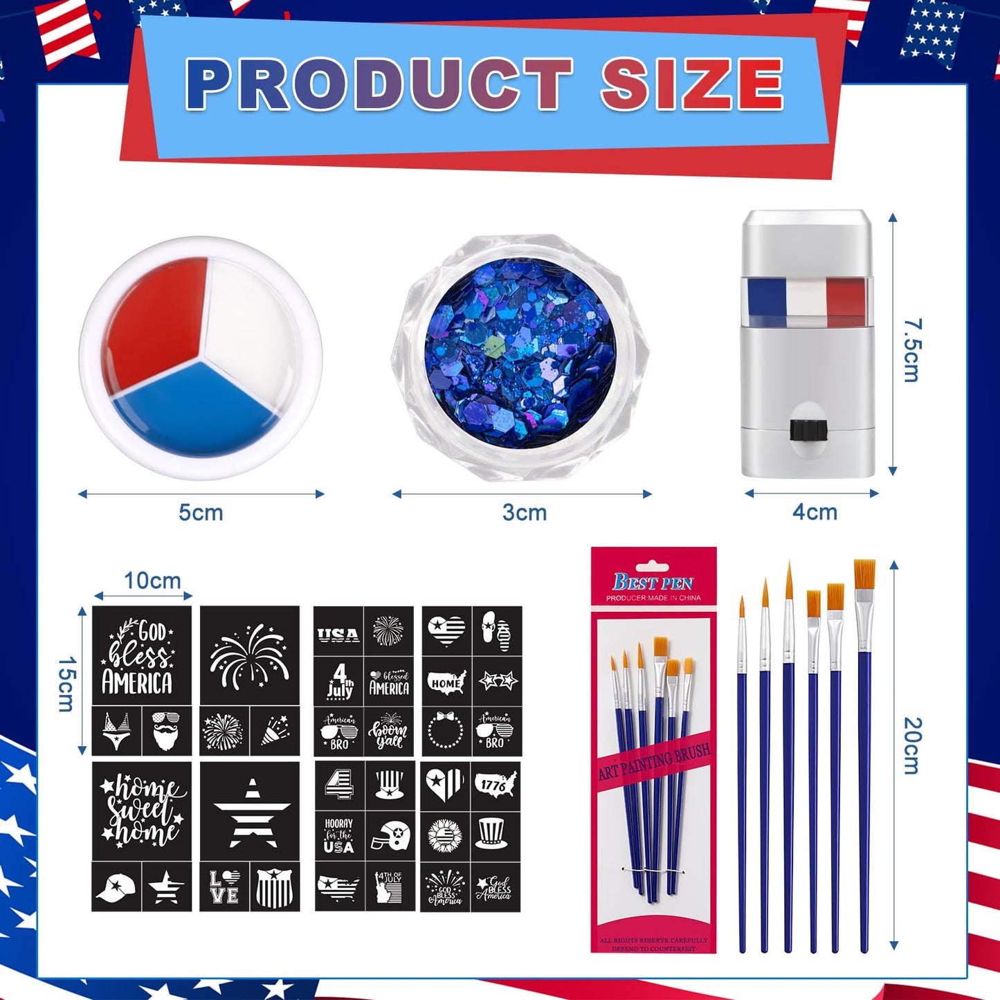 19 Pcs Patriotic Face Paint Kit Red White Blue Face Paint Kit with Glitter Stencil Stickers Paint Stick Makeup Brush for Indepen