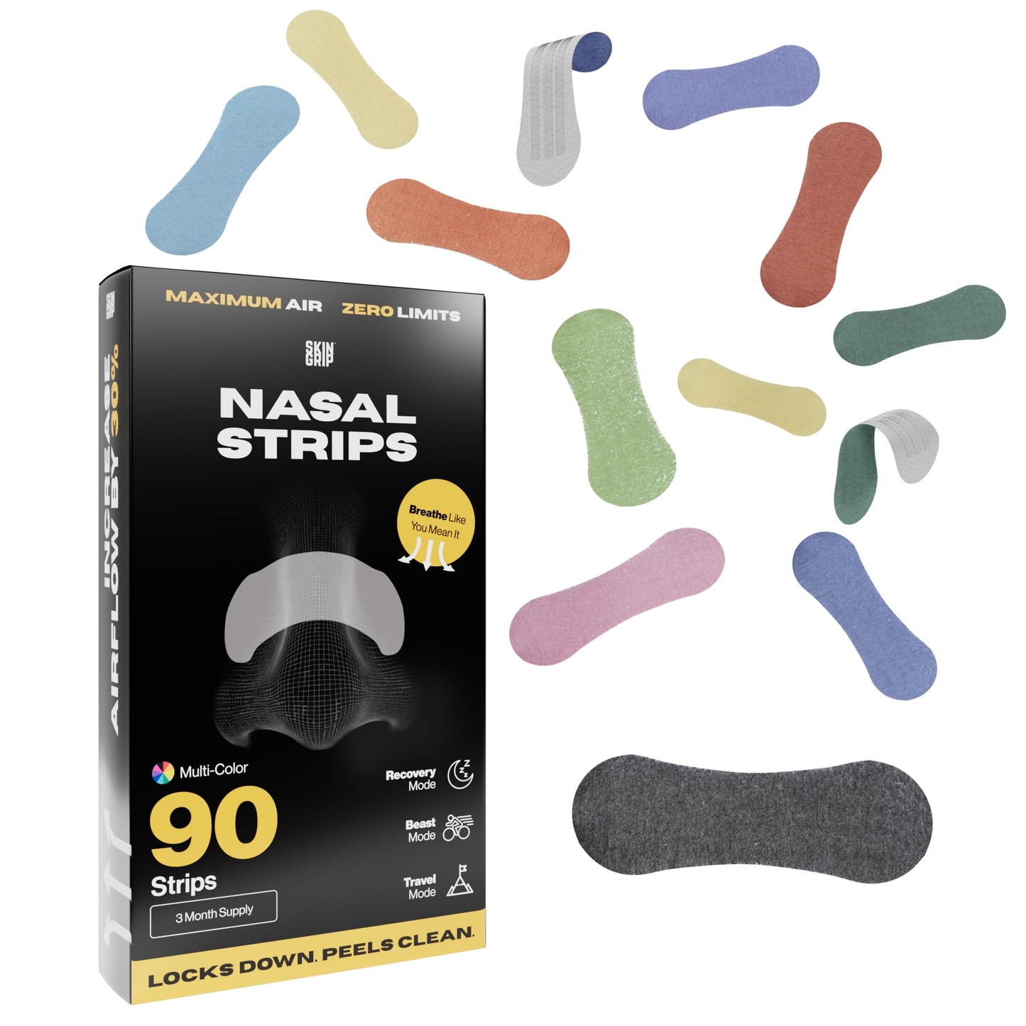 Skin Grip Nasal Strips for Snoring & Breathing–Instant Relief from Nasal Congestion, Drug-Free Snore Strips, All-Day Hold–Sleep Better, Exercise Stronger, Travel Confidently–90-Day Supply, Multi-Color