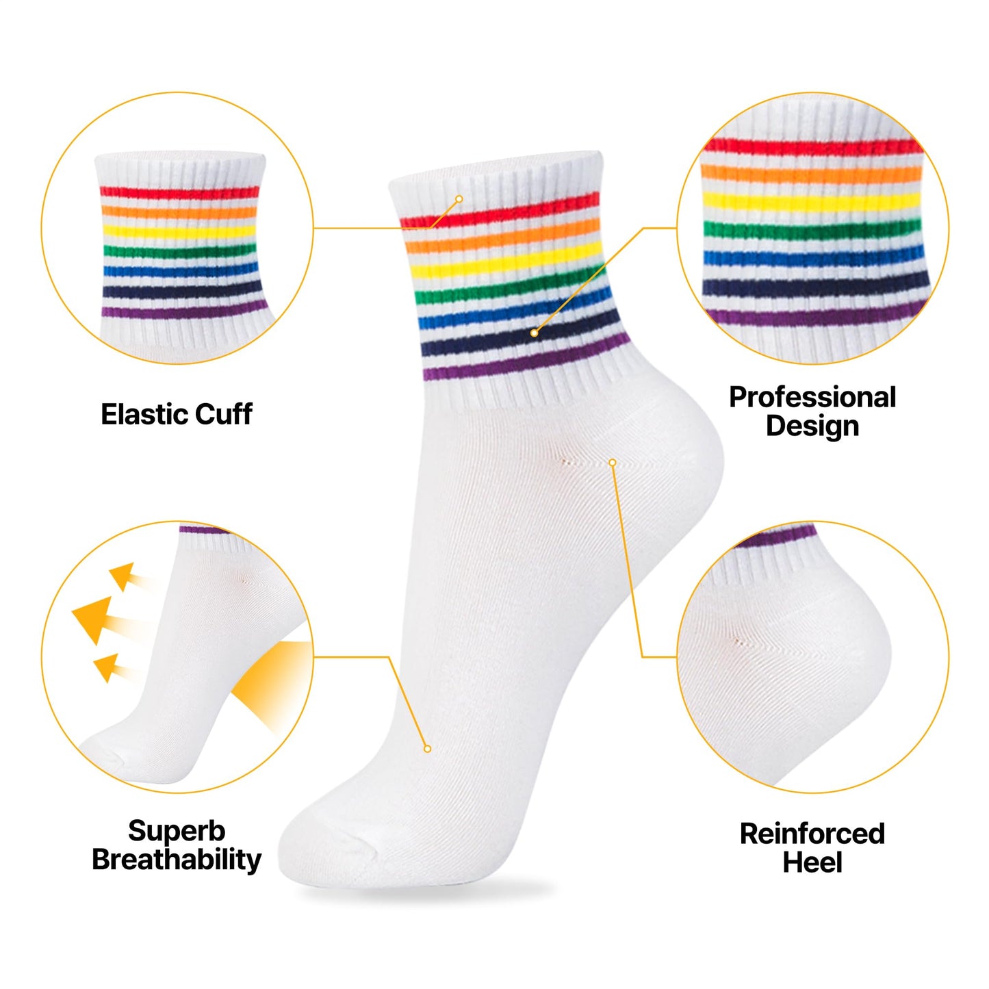 kikiya socks Women Pattern Crew | 6 Pairs Black White Rainbow Tube Pride Color Striped Print Mid Calf Design Daily Trouser Boot Cotton Socks | Womens Ladies Girls Gift | Rainbow Tube