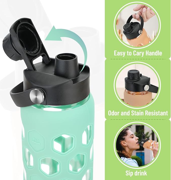 32oz Glass tumblers Water Bottles with Straw and 2 Lid