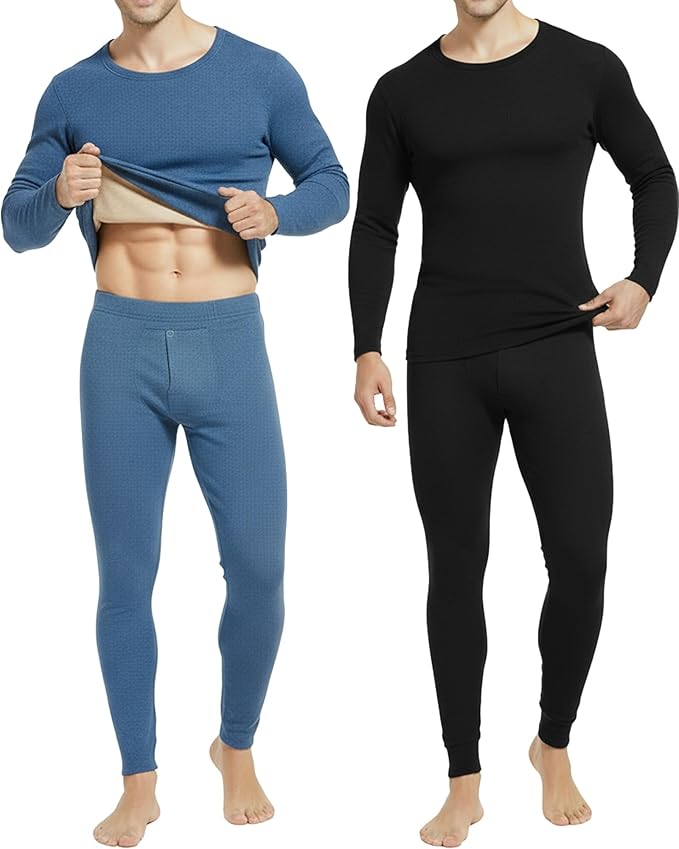 Patelai 2 Pack Thermal Underwear for Men Fleece Lined Long Underwear Winter Base Layer Set Cold Weather Top Bottom