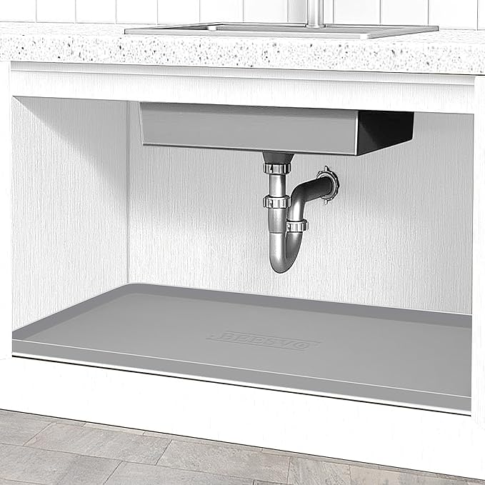 Under Sink Mat for Kitchen Waterproof, 28" x 19" Silicone Under Sink Liner Kitchen & Bathroom Cabinet Protector Mats, Heavy Duty Flexible Under Sink Drip Tray with Lip, Cool Grey