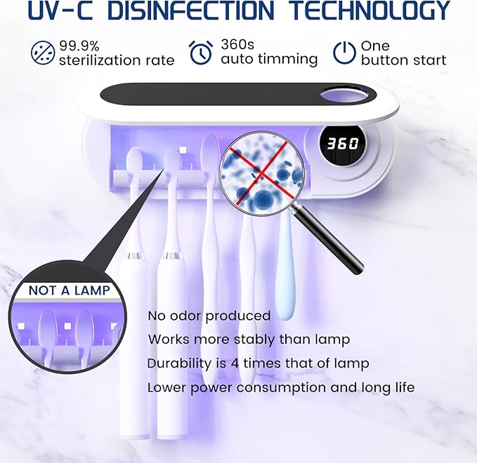 MIMORE Toothbrush Holder, 5 Toothbrush Slots & Timer Function, Cordless Wall Mounted Toothbrush Holders for Bathrooms