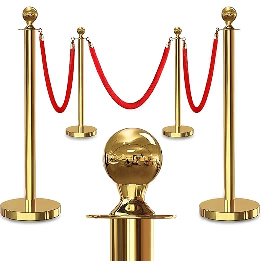 4PCS Gold Stanchions Posts with 3PCS 5 ft Red Velvet Rope, Red Velvet Rope Stanchion Set Crowd Control Barriers, Stanchion...
