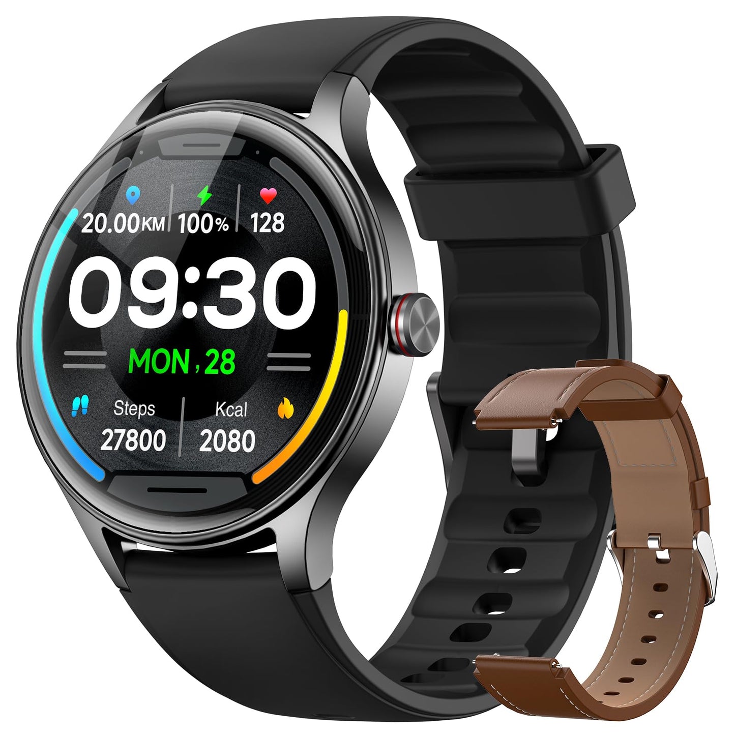 Fitpolo Smart Watches for Men/Women (2 Bands), 1.27" Round Smartwatch Fitness Tracker with Bluetooth Calls (Make/Answer), Heart Rate/SpO2/Sleep Monitor, 7 Days Battery, IP68 Waterproof - Black