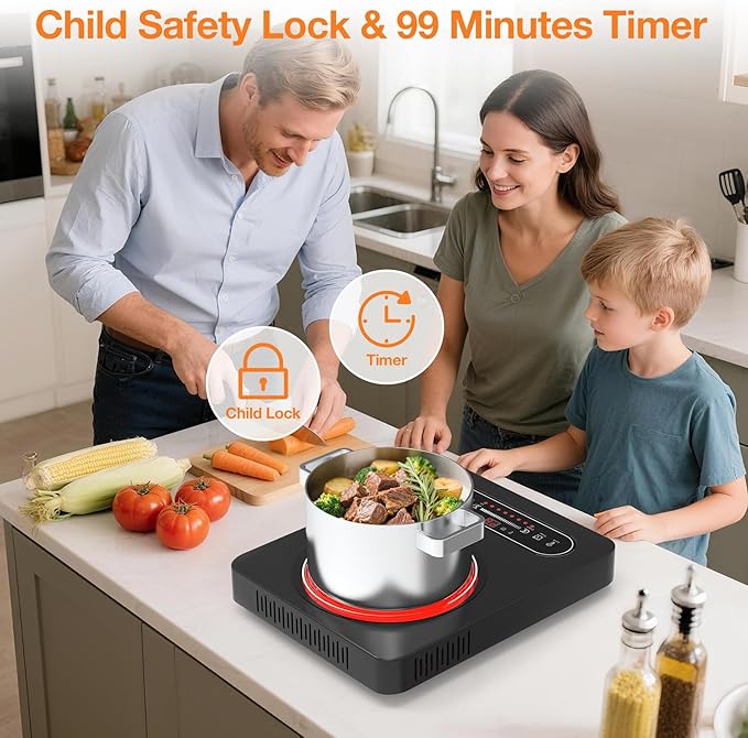 Electric Cooktop, Portable Electric Stove with LED Touch Control 8 Power Level, 1800W Induction Burner Hot Plate with Child Safety Lock, Timer and Overheat protection for Home Camping