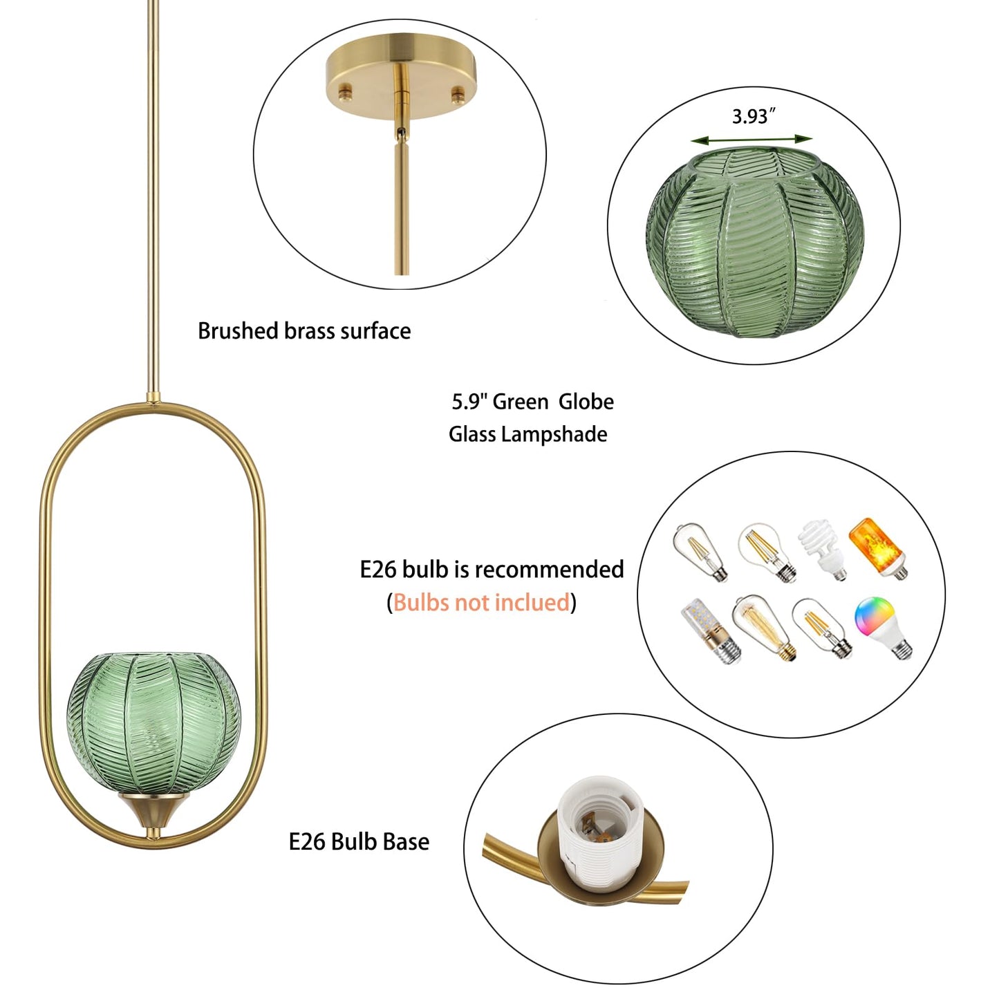 Byoliima Modern Gold Globe Pendant Light With Green Glass Globe Lampshade Mid Century Chandelier 1-Light Brushed Brass Ceiling Hanging Lighting Fixture For Kitchen Island Dining Room Bedroom (2 Pack)