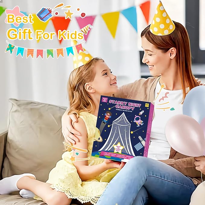 South to East Bed Canopy for Girls with Glowing Snow in The Dark, Cyan Princess Bed Curtains for Kids Bed & Toddler Bed, Twin, Full & Queen Bed, Mosquito Net Canopy for Girls Bedroom