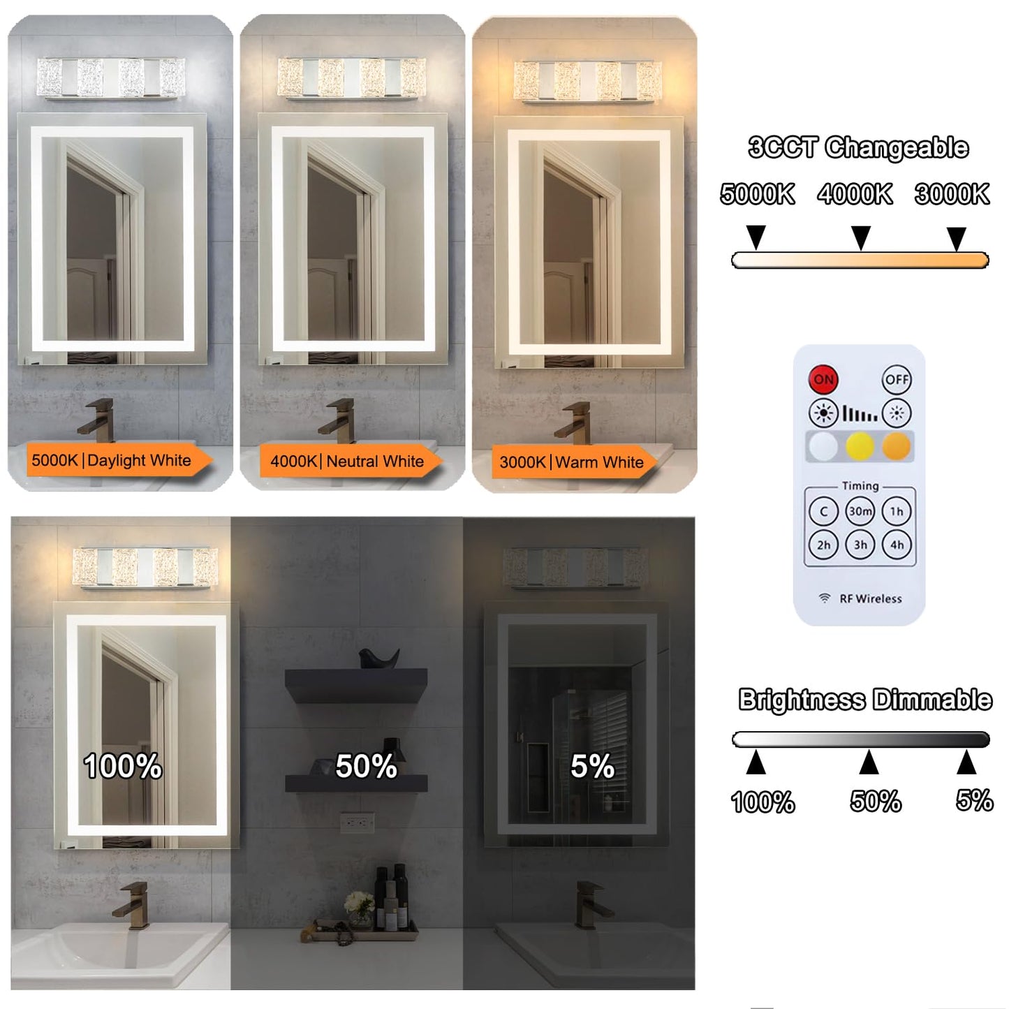 Modern Chrome 4-Lights Bathroom Vanity Light  Eleglant Chrome Led Bathroom Light Fixtures Over Mirror  Dimmable Acrylic Shade Wall Lighting Fixtures  Hardwired Wall Light(H4.33In  L15.16In)