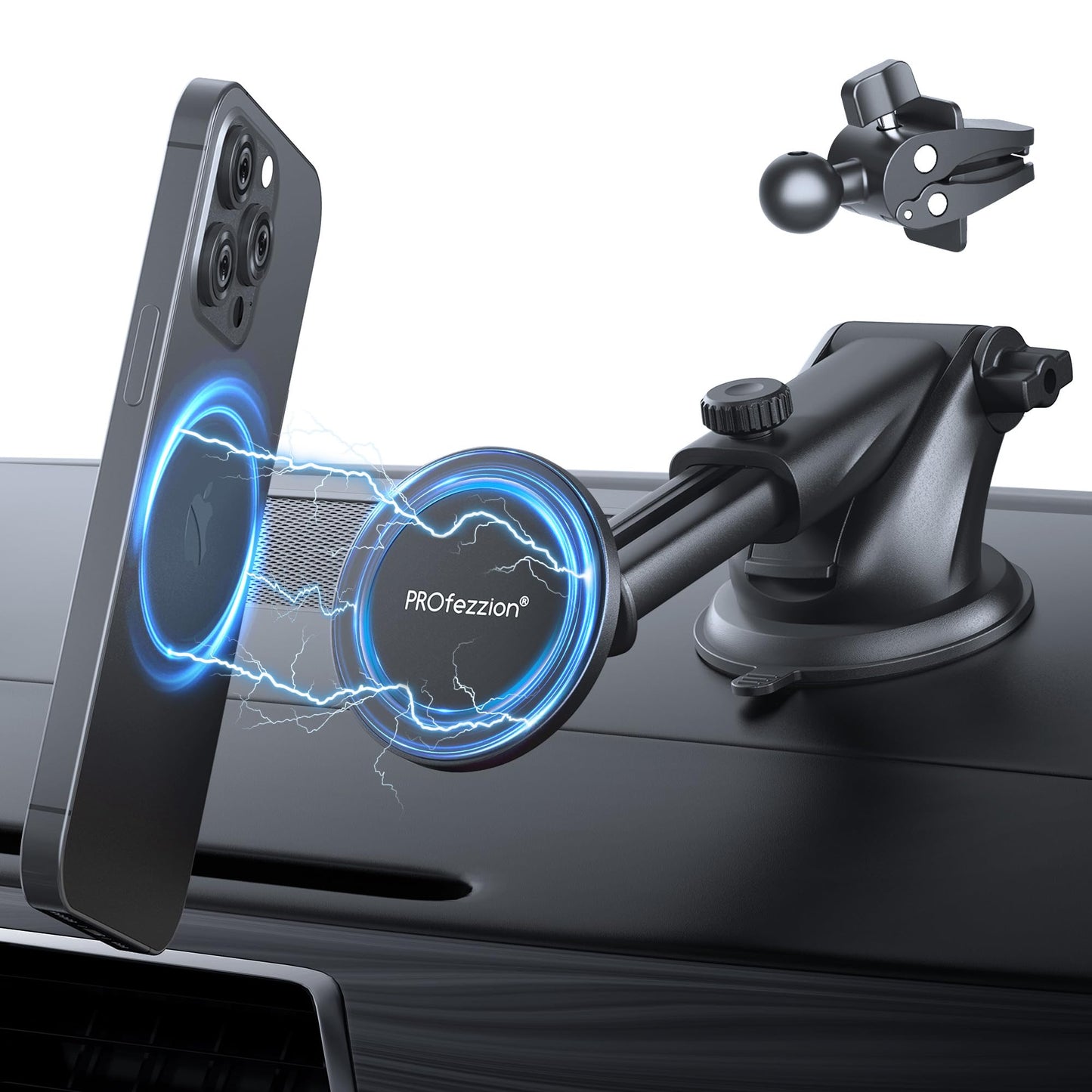 Profezzion Suction Cup & Vent Clip Combo Magnetic Phone Holder Compatible With Magsafe On Car Dash, Windshield Or Vent For Iphon