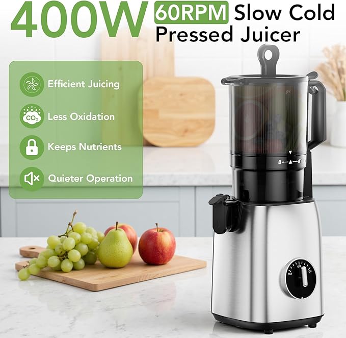 Cold Press Juicer 5.4 Inch Wide Feed Chute, Juicer Machines For Whole Fruits & Vegetables, Slow Masticating Juice Extractor, High Juice Yield Juice Maker