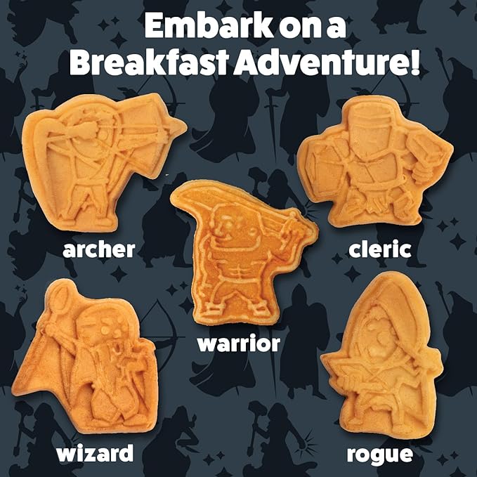 Dungeon Heroes Electric Mini Waffle Maker- Eat Wizards Fighters Clerics for Holiday Breakfast Fun- Novelty Pancakes in Minutes, Non-Stick Fantasy Dragon for Tabletop Gamers- Great Waffler Xmas Gift