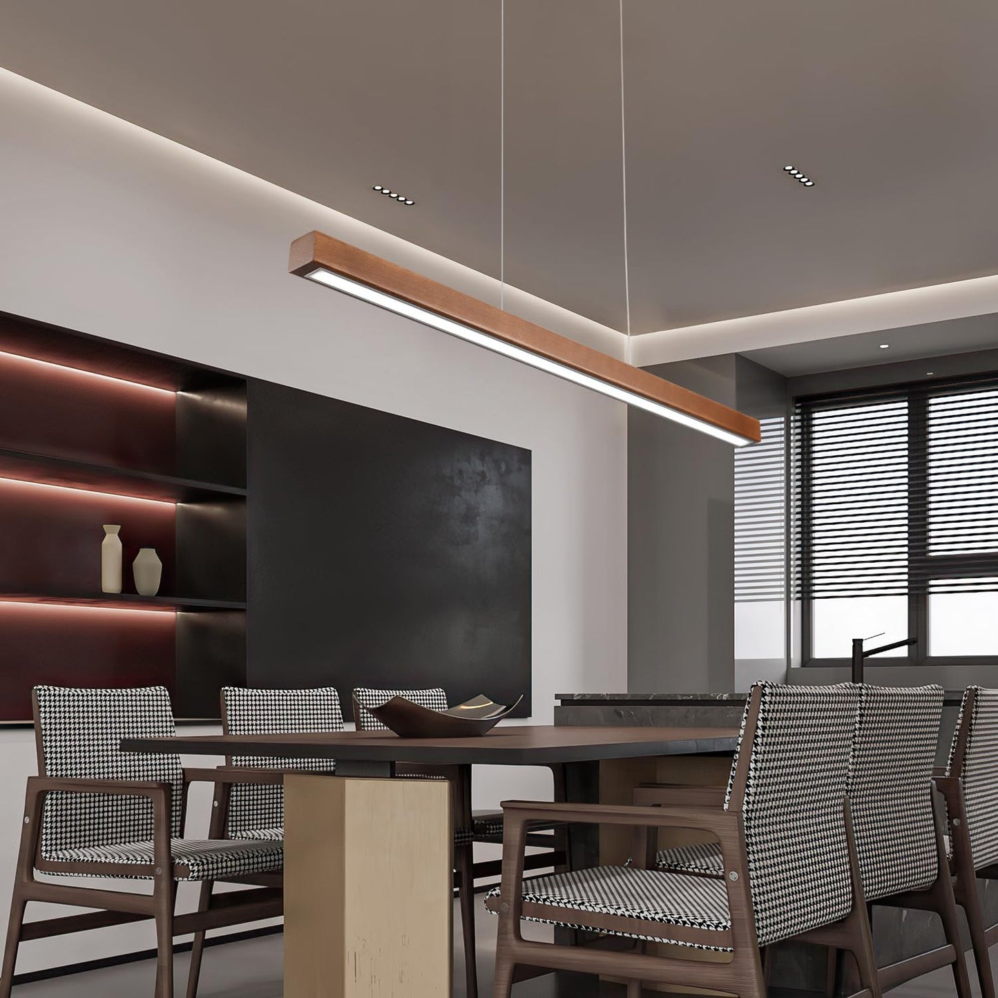 31.5 Wood Linear Pendant Light - Dimmable Led Chandelier With Remote  Adjustable Modern Farmhouse Lighting For Kitchen Islands  Dining Rooms & Bars Walnut Color (19W Energy-Efficient)