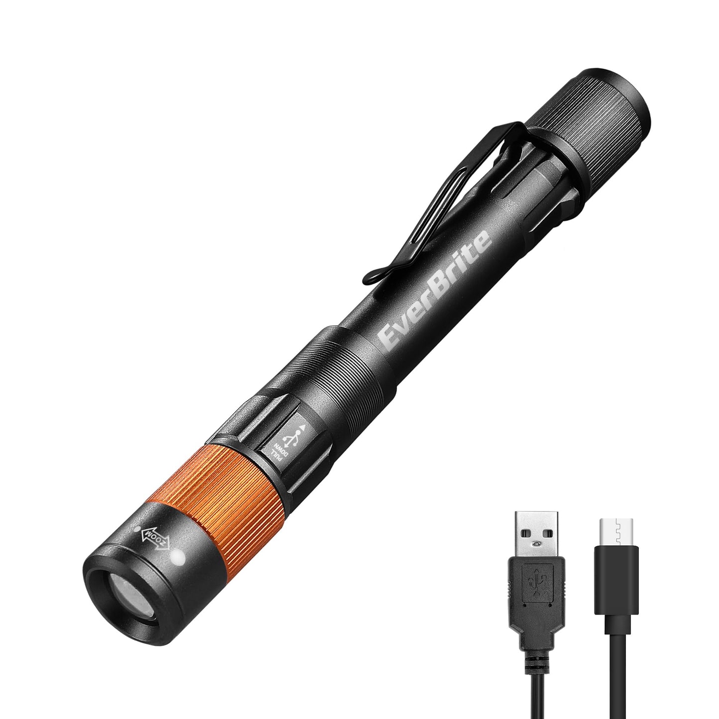 EverBrite Rechargeable Pen Light, 300 Lumens LED Flashlight, Zoomable, Aluminum, Black