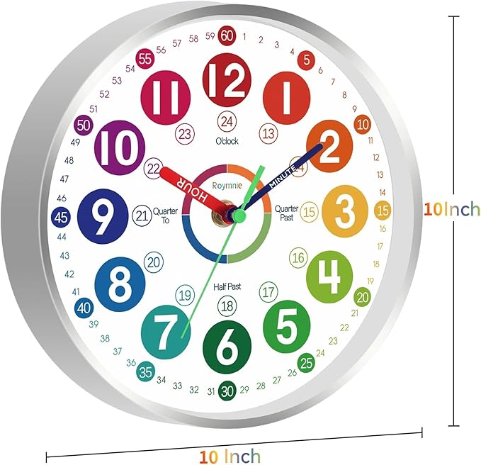Wall Clock for Kids Learning - Teaching Time Wall Clocks Battery Operated Silent Non Ticking - Analog Colorful Clock Decorative for Kids Room Classroom School(10 Inch&Silver)