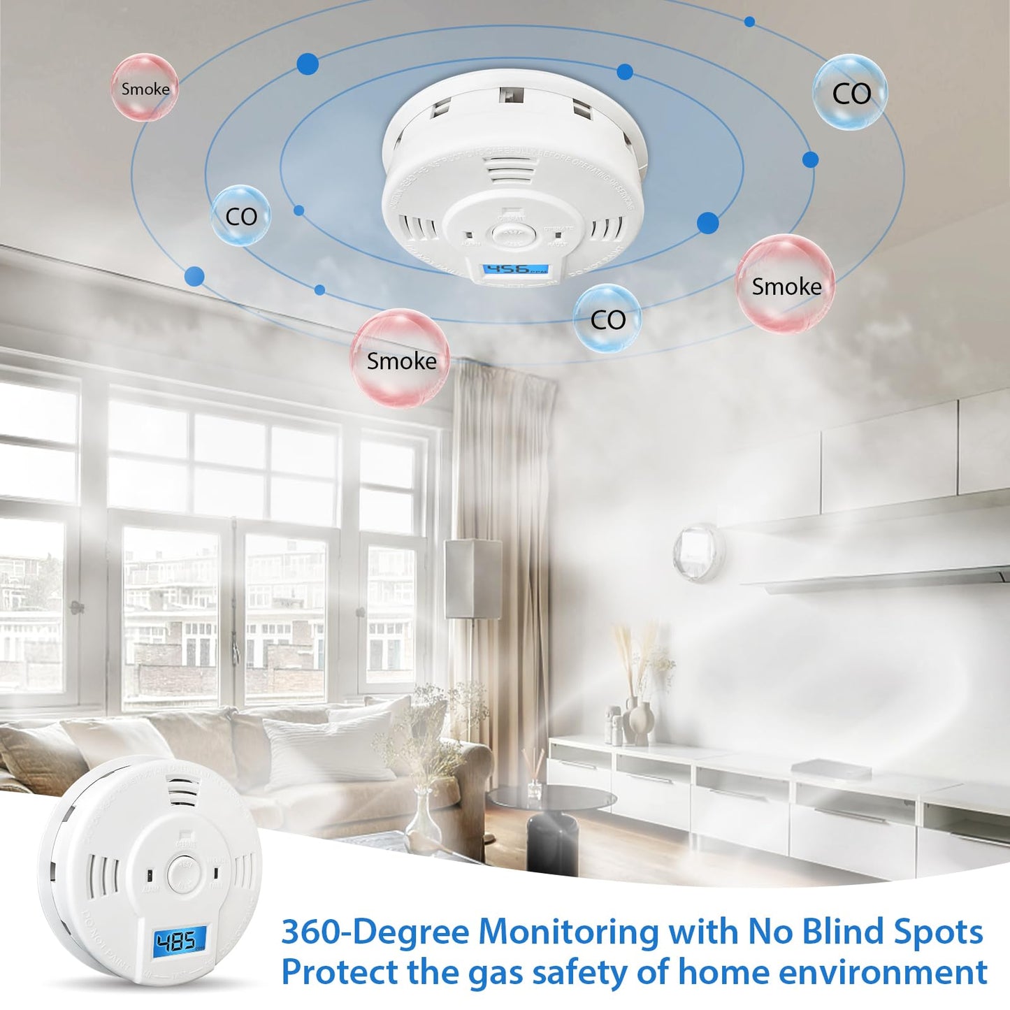 Shackcom Combination Smoke and Carbon Monoxide Detector, 5-Year Battery Smoke Alarm with LCD Display for Home, 1 Pack, White