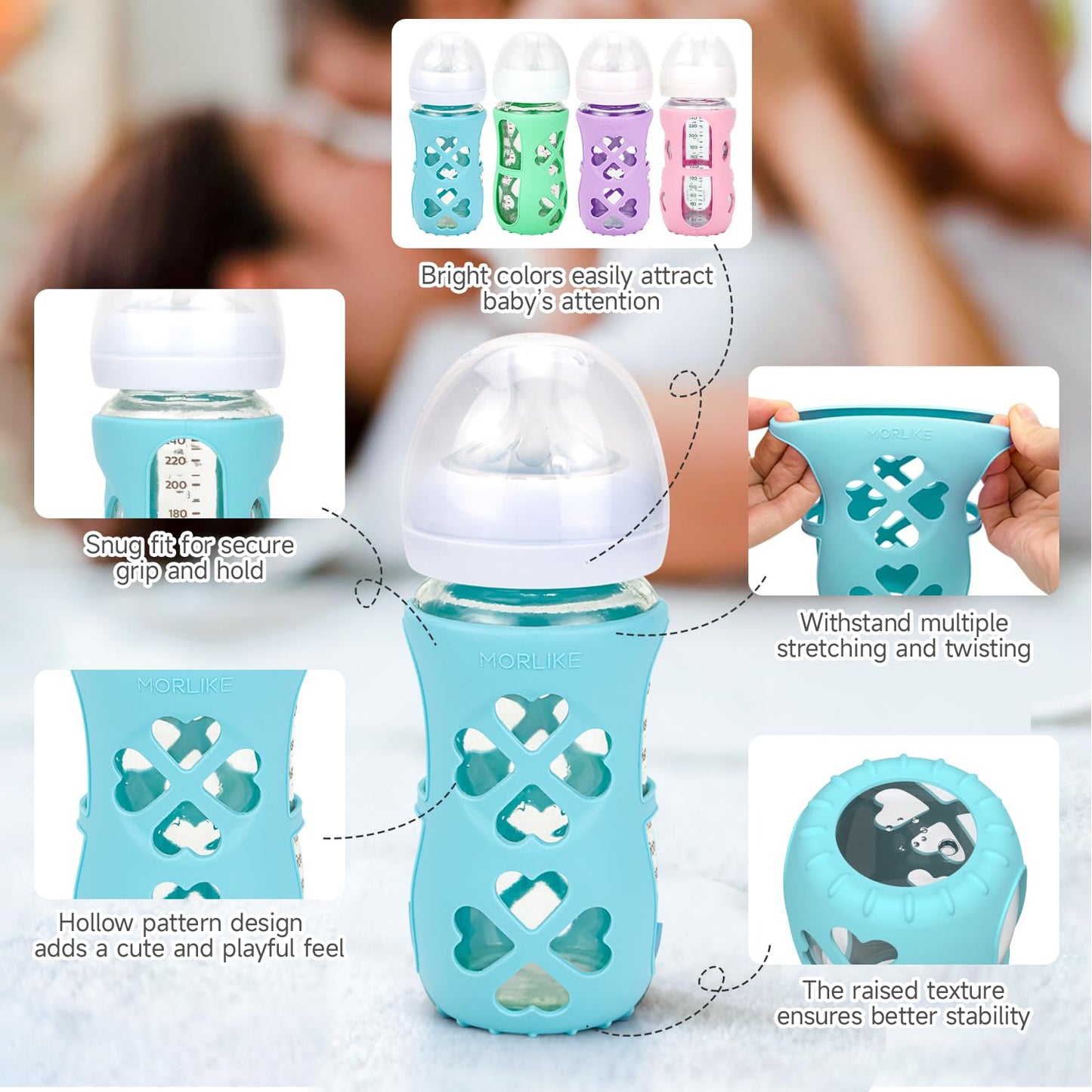Morlike Silicone Baby Bottle Holder Sleeves Fit for Philips Avent Natural Glass Baby Bottles 8oz, 100% Silicone Baby Bottle Covers for SCY913, Protecting Glass Bottles, Dishwasher Safe (4 Pack)