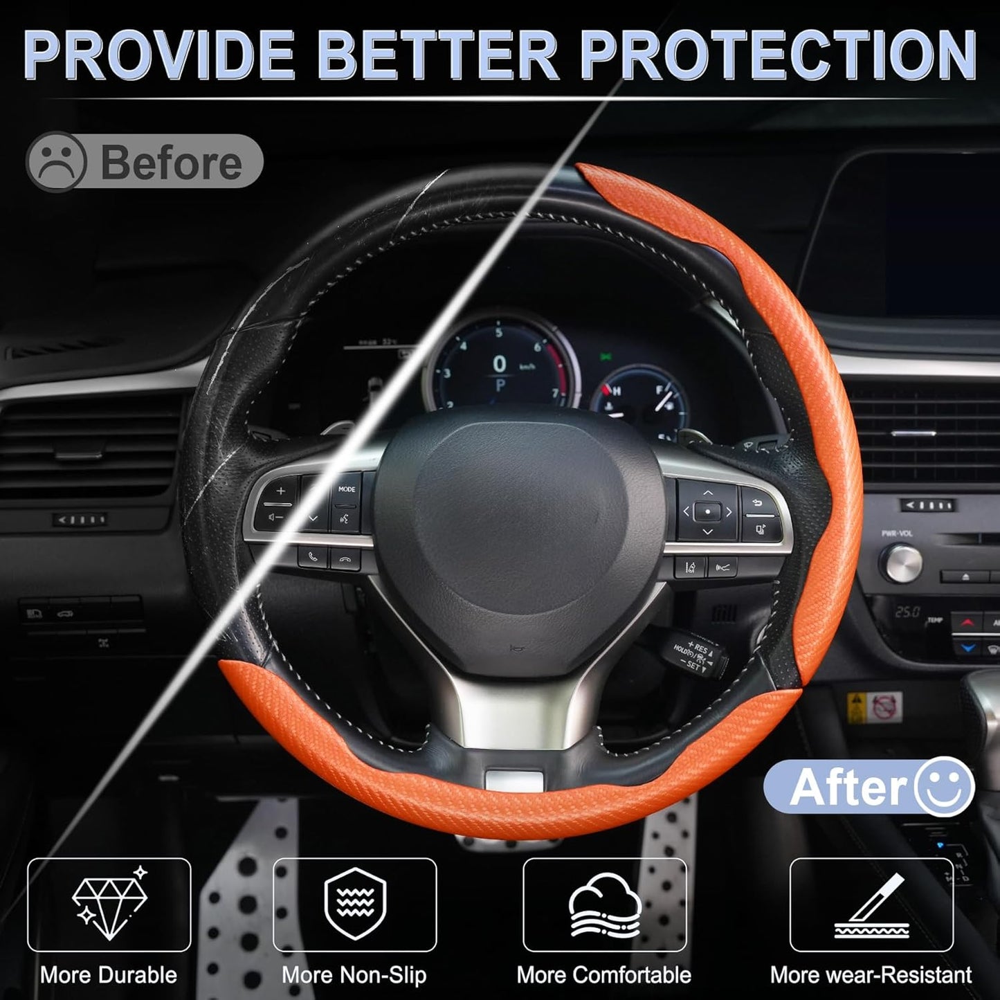 Amiss 3pcs Carbon Fiber Anti-Skid Steering Wheel Cover, Segmented & Butterfly Design, Universal 99% Car Wheel Cover Protector, Orange