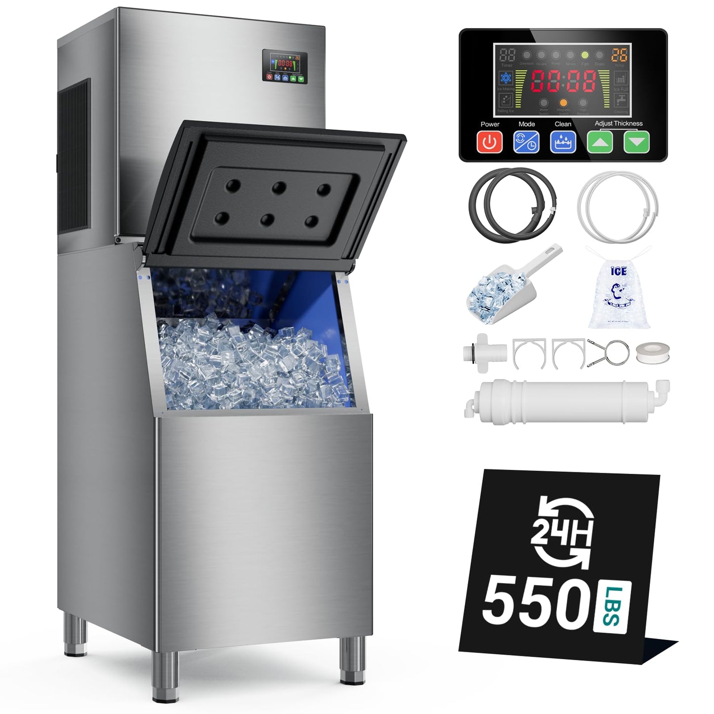Commercial Ice Maker Machine 550LBS/24H, 30 Adjustable Ice Thicknesses, Industrial Ice Machine with 350lbs Storage Bin, 5-15 Minutes Fast Ice Making, Cube Ice Maker for Commercial & Home